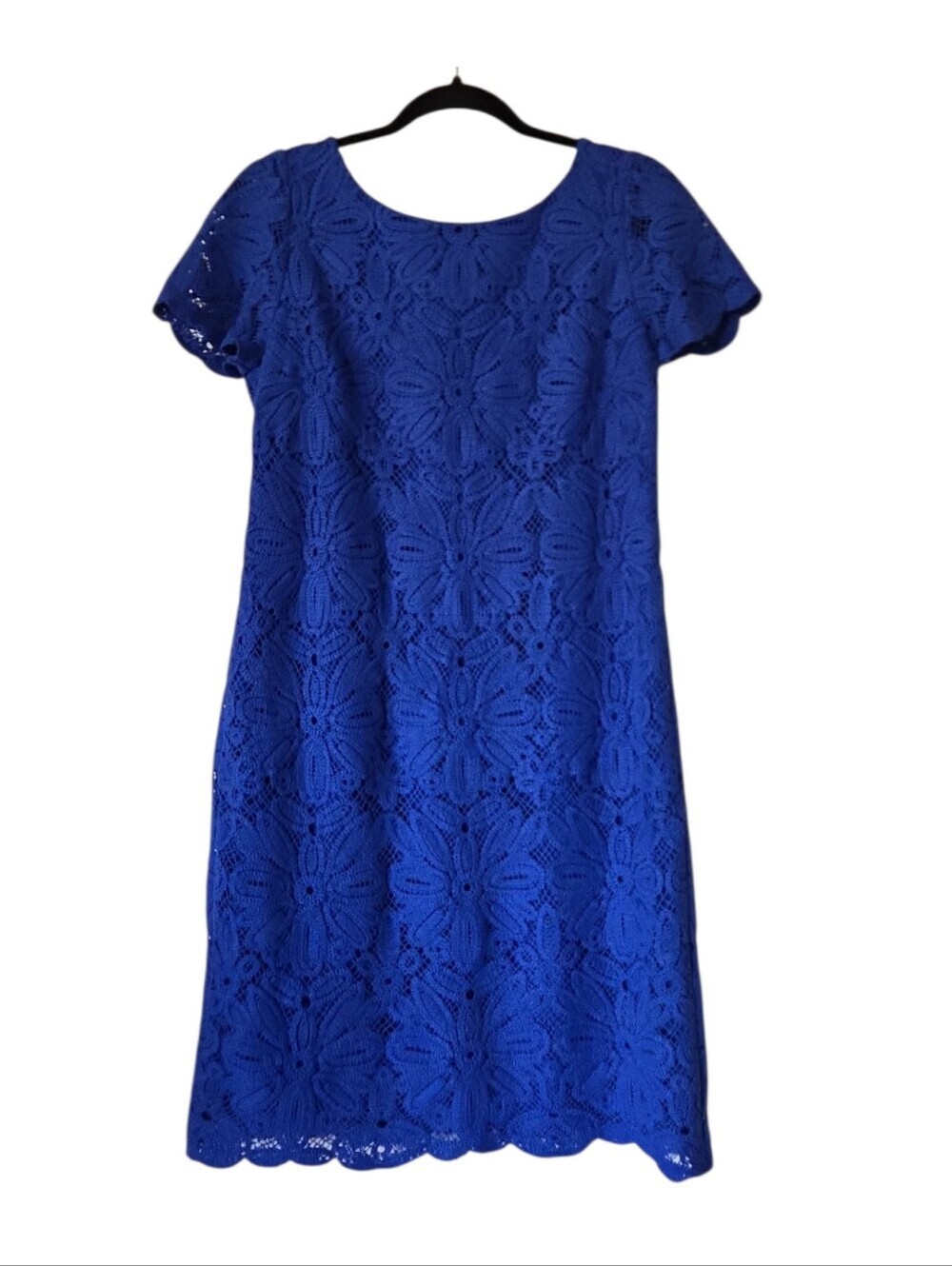 Talbots Women’s Blue Crochet Lace Short Sleeve Lined Floral Shift Dress Size 6